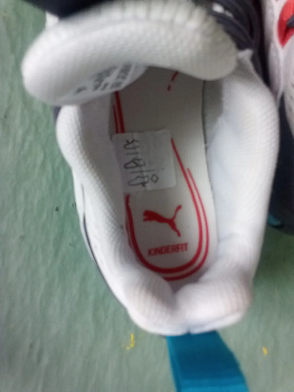 Puma White Mesh Kids Sneakers with Navy Straps and Red Accents